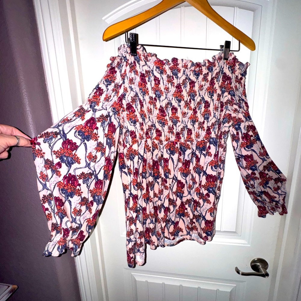Smocked off the shoulder floral blouse